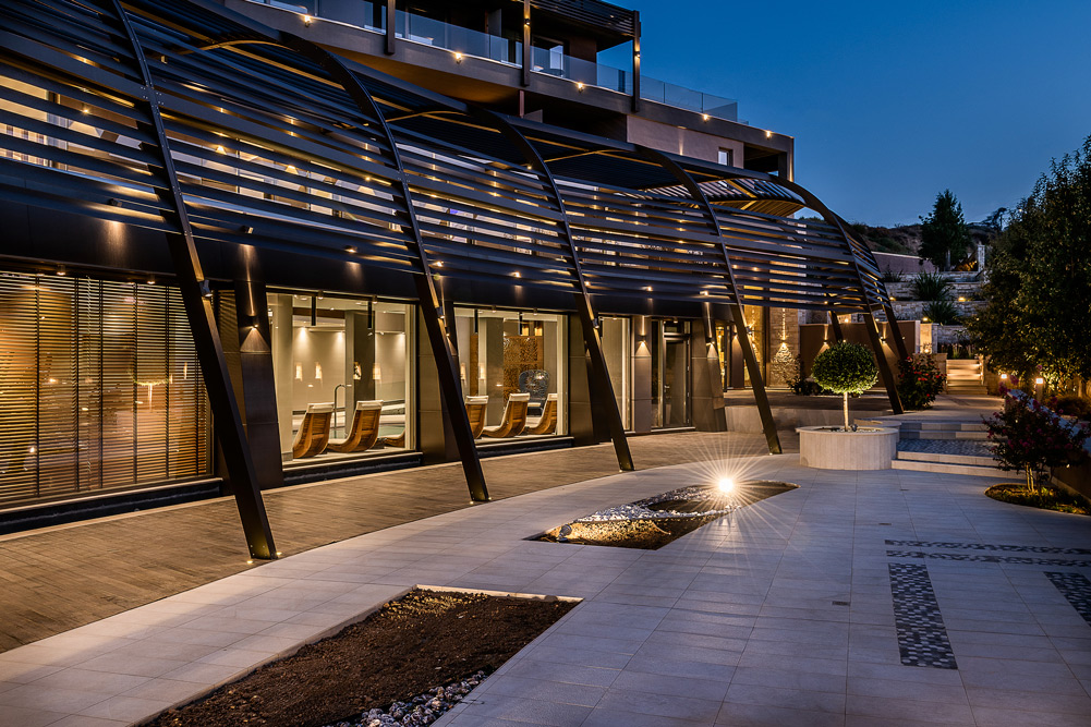 Outdoor walkway of Cretan Dream Resort at night 