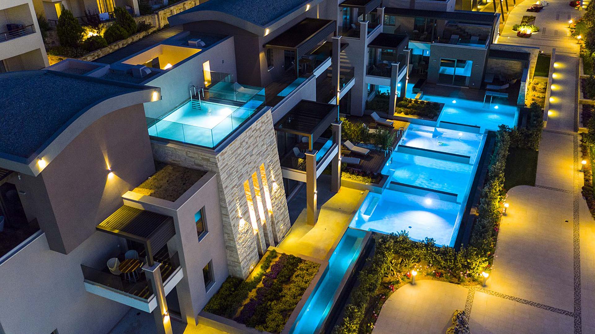 Hotel at night from above